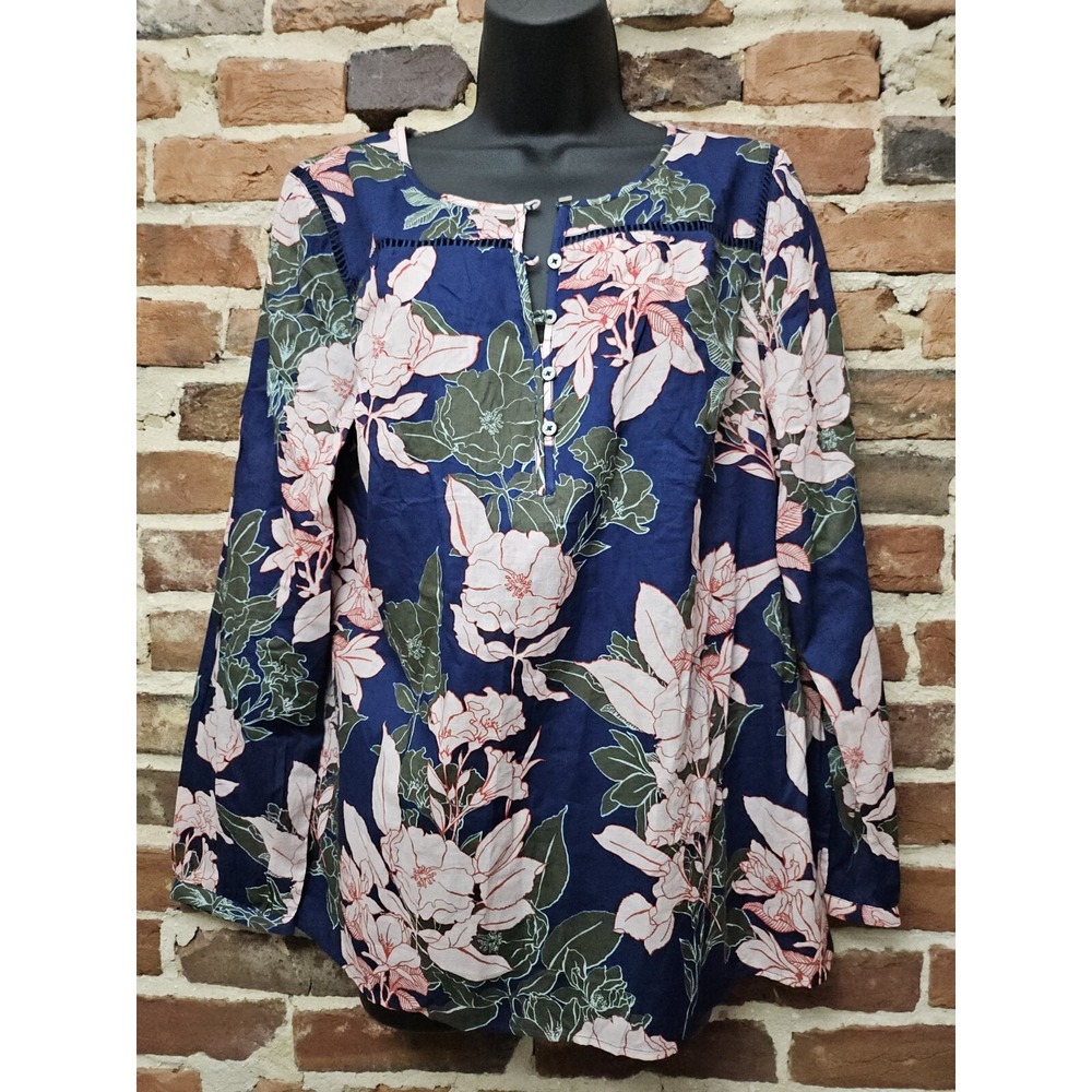 Talbots Tunic Top Womens Medium Floral Lightweight Cotton Blouse 3/4‎ Button